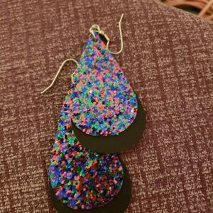 2 layer black leather, confetti glitter earrings